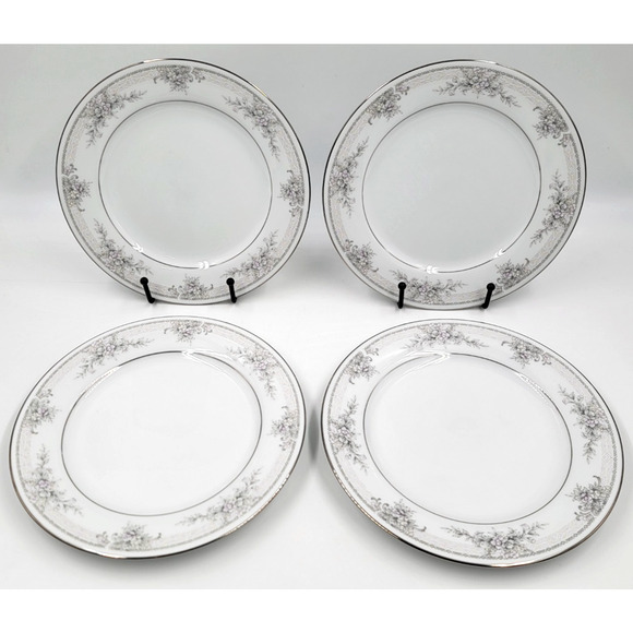 4 Noritake Sweet Leilani 3482 Salad Plates 8 3/8" Gray Pink Roses Platinum Trim - Picture 3 of 9